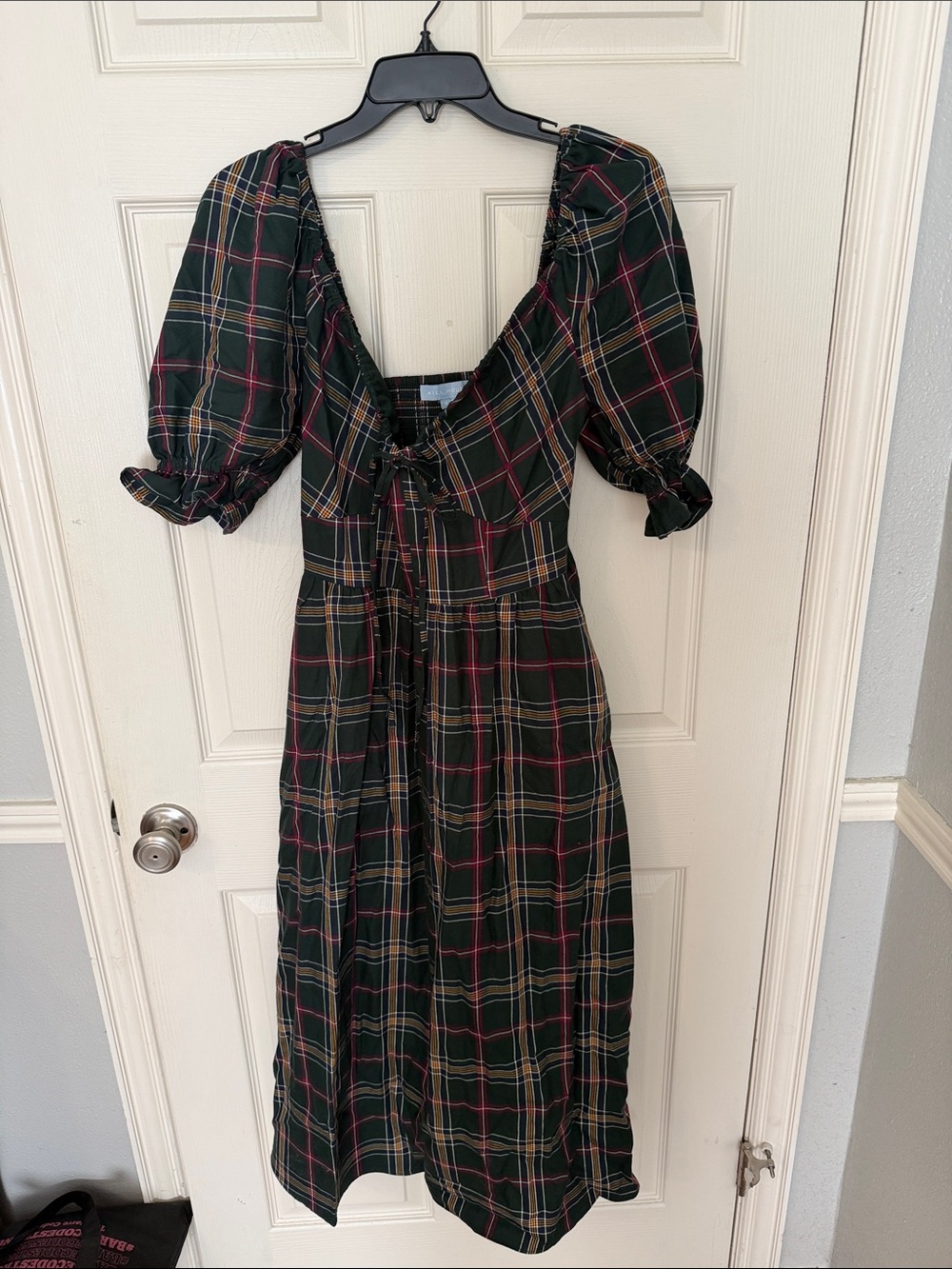 Hill house Plaid Puff-Sleeve Midi Dress in Dark Green